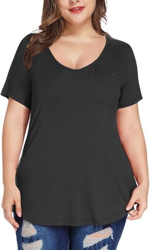 MONNURO Plus Size Tunic Tops for Women Casual T Shirts V Neck Summer Short Sleeve Blouse with Pocket in Saudi Arabia