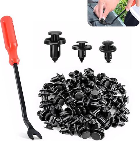 100 PCS Car Retainer Clips, Push Pin Rivets with Removal Tool, Nylon Bumper Fender Fastener Kit, Replacement 90914-0007 90913-0067 90914-0051, Compatible with Subaru Mazda Nissan (Black) in Kuwait