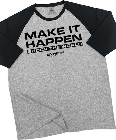 Gymish Lifestyle Make It Happen Raglan Gym Tshirt for Men Motivational Workout 3/4 Sleeve Shirts in Saudi Arabia