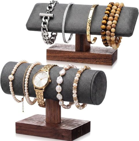 Sieral Set of 2 Walnut Bracelet Holder Display Wooden Stand Jewelry Organizer T Bar Rack Storage Tower for Necklaces Bangles Watches Home Retail in Saudi Arabia