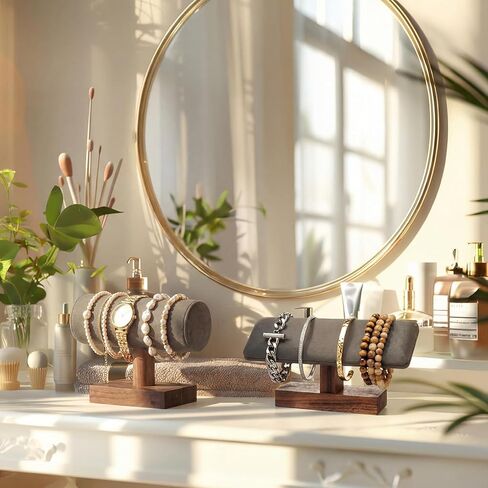 Sieral Set of 2 Walnut Bracelet Holder Display Wooden Stand Jewelry Organizer T Bar Rack Storage Tower for Necklaces Bangles Watches Home Retail in Saudi Arabia