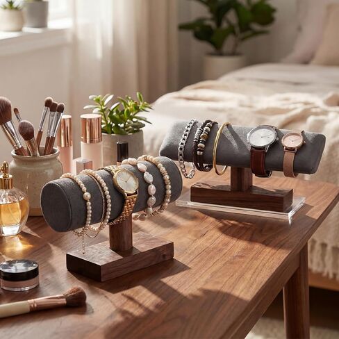 Sieral Set of 2 Walnut Bracelet Holder Display Wooden Stand Jewelry Organizer T Bar Rack Storage Tower for Necklaces Bangles Watches Home Retail in Saudi Arabia