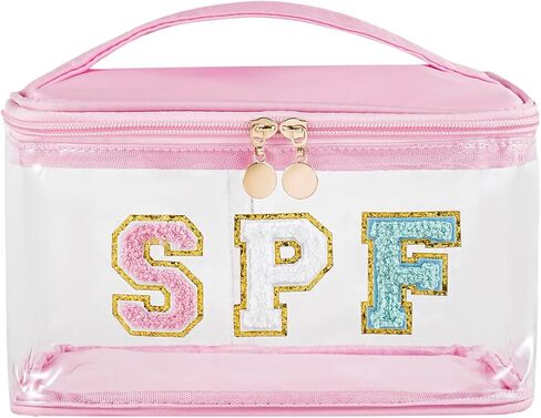 حقيبة مكياج صيفية شفافة مقاومة للماء بعامل حماية من الشمس SPF، حقيبة سحاب لإكسسوارات الوقاية من الشمس من Preppy، حقيبة مستحضرات تجميل بحروف من الشانيل الجمالية، محفظة سفر لقضاء العطلات على الشاطئ، حقيبة أدوات الزينة للسفر (01SPF وردي) in Kuwait