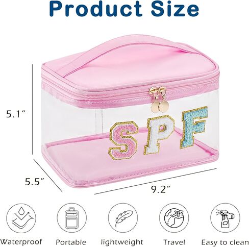 Clear Waterproof Summer SPF Makeup Bag，Preppy Sunscreen Accessories Zipper Case，Aesthetic Chenille Letter Cosmetic Bag, Beach Vacation Travel Purse，Travel Toiletry Bag(01SPF Pink) in Saudi Arabia