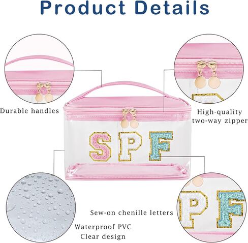 Clear Waterproof Summer SPF Makeup Bag，Preppy Sunscreen Accessories Zipper Case，Aesthetic Chenille Letter Cosmetic Bag, Beach Vacation Travel Purse，Travel Toiletry Bag(01SPF Pink) in Saudi Arabia