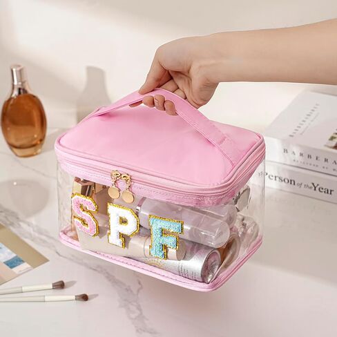 Clear Waterproof Summer SPF Makeup Bag，Preppy Sunscreen Accessories Zipper Case，Aesthetic Chenille Letter Cosmetic Bag, Beach Vacation Travel Purse，Travel Toiletry Bag(01SPF Pink) in Saudi Arabia