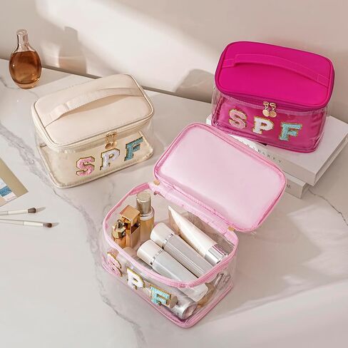 Clear Waterproof Summer SPF Makeup Bag，Preppy Sunscreen Accessories Zipper Case，Aesthetic Chenille Letter Cosmetic Bag, Beach Vacation Travel Purse，Travel Toiletry Bag(01SPF Pink) in Saudi Arabia