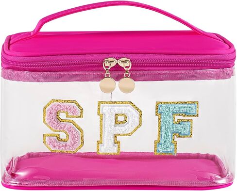 Clear Waterproof Summer SPF Makeup Bag，Preppy Sunscreen Accessories Zipper Case，Aesthetic Chenille Letter Cosmetic Bag, Beach Vacation Travel Purse，Travel Toiletry Bag(01SPF Pink) in Saudi Arabia