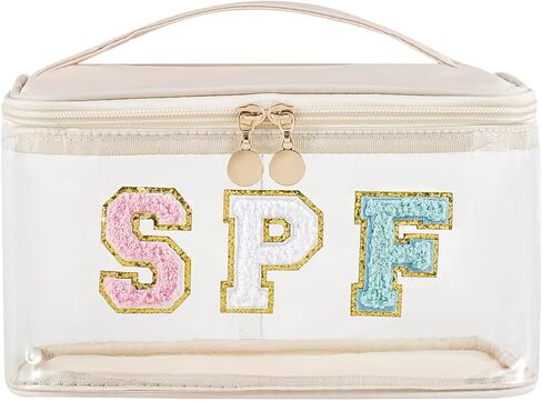 Clear Waterproof Summer SPF Makeup Bag，Preppy Sunscreen Accessories Zipper Case，Aesthetic Chenille Letter Cosmetic Bag, Beach Vacation Travel Purse，Travel Toiletry Bag(01SPF Pink) in Saudi Arabia