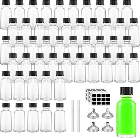50 Pcs 1 oz Clear Glass Bottles with Black Caps and Funnel for Vanilla Extract Sample Boston Round Small Glass Containers with Labels Pens for Essential Oils in Saudi Arabia