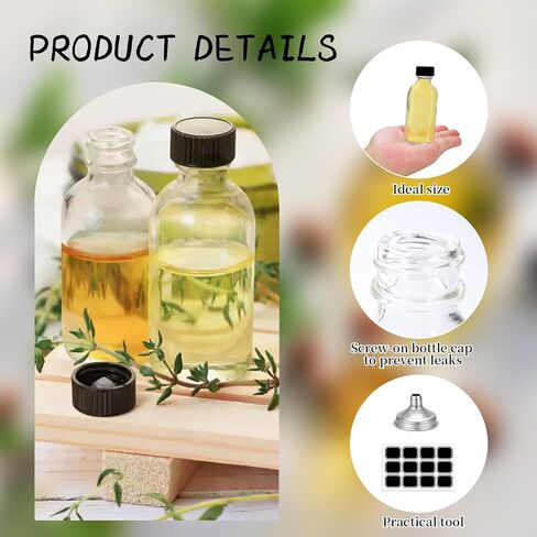 50 Pcs 1 oz Clear Glass Bottles with Black Caps and Funnel for Vanilla Extract Sample Boston Round Small Glass Containers with Labels Pens for Essential Oils in Saudi Arabia