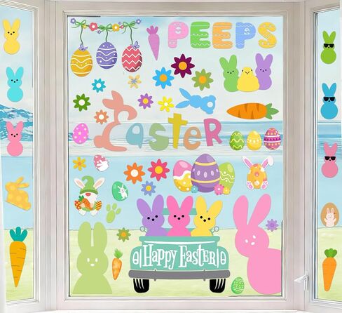 Easter Window Clings Happy Easter Bunny Rabbit Egg Window Stickers Easter Bunnies Decorations for Home Office School Shop Display Party, Rabbits Eggs Stickers for Glass 9 Sheets 91 Pcs in Kuwait