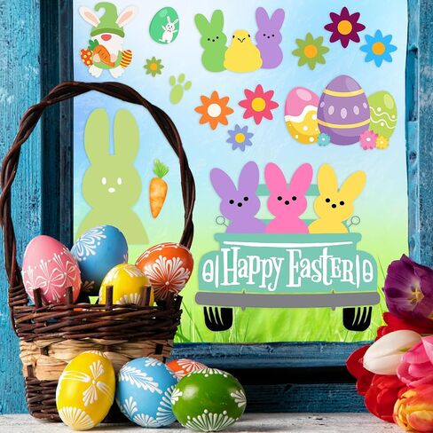 Easter Window Clings Happy Easter Bunny Rabbit Egg Window Stickers Easter Bunnies Decorations for Home Office School Shop Display Party, Rabbits Eggs Stickers for Glass 9 Sheets 91 Pcs in Kuwait
