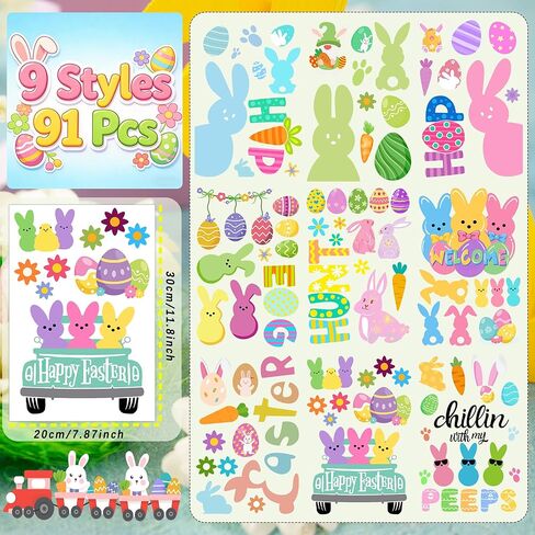 Easter Window Clings Happy Easter Bunny Rabbit Egg Window Stickers Easter Bunnies Decorations for Home Office School Shop Display Party, Rabbits Eggs Stickers for Glass 9 Sheets 91 Pcs in Kuwait