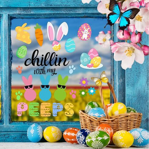 Easter Window Clings Happy Easter Bunny Rabbit Egg Window Stickers Easter Bunnies Decorations for Home Office School Shop Display Party, Rabbits Eggs Stickers for Glass 9 Sheets 91 Pcs in Kuwait