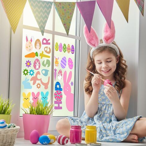Easter Window Clings Happy Easter Bunny Rabbit Egg Window Stickers Easter Bunnies Decorations for Home Office School Shop Display Party, Rabbits Eggs Stickers for Glass 9 Sheets 91 Pcs in Kuwait