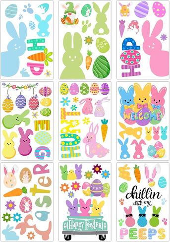 Easter Window Clings Happy Easter Bunny Rabbit Egg Window Stickers Easter Bunnies Decorations for Home Office School Shop Display Party, Rabbits Eggs Stickers for Glass 9 Sheets 91 Pcs in Kuwait