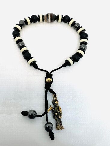 Santa Muerte bracelet with lava rock 8mm, black hematite and black striped stone beads in Saudi Arabia