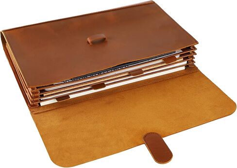 Genuine Leather File Folder, Accordian File Organizer, Leather Document Holder Resume Folio for Men & Women - Dark Brown in Kuwait