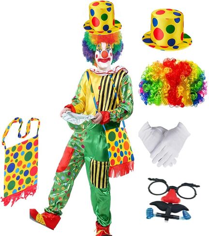 مجموعة زي المهرج المضحك للمراهقين البالغين 7 قطع بذلة ملونة مع شعر مستعار مجعد ونظارات منقطة وقبعة وحفلات الهالوين in Kuwait