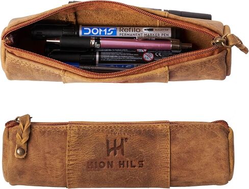 Leather Pencil Case -100% Leather Zippered Pen Pouch - Stationery Bag Pen Holder for Work & Office (Antique Brown) in Kuwait