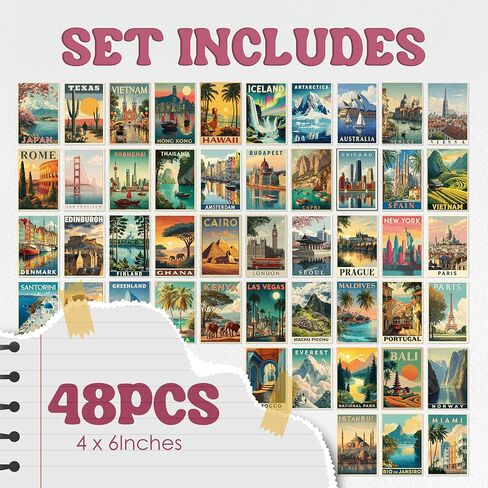 TracyArt Vintage Travel Postcards - Around The World Decorations, Vintage Travel Posters, Unframed 48 Pcs 4" x 6" in Kuwait