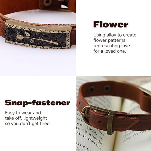 Boho Vintage Leather Bracelet - Brown Rose Design with Buckle Clasp | Handmade Adjustable Bracelet for Women & Men in Saudi Arabia