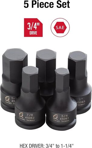 SUNEX TOOLS 4506، مجموعة مفكات سداسية ذات تأثير محرك مقاس 3/4 بوصة، 5 قطع، SAE، 3/4 بوصة - 1-1/4 بوصة، فولاذ Cr-Mo، هيكل صلب من قطعة واحدة، علامات مزدوجة الحجم، حقيبة تخزين شديدة التحمل in Saudi Arabia