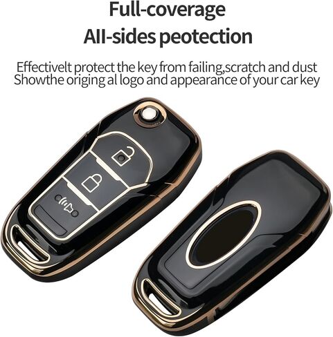 لسلسلة مفاتيح Ford Key Fob Cover مناسبة لـ 2015 2016 2017 2018 2019 F150 F250، Focus 3 Escort Kuga Everest Fiesta Mustang Edge MKV S-MAX Fusion 2016 Ranger، حافظة غطاء مفتاح ذكي (أسود) in Kuwait