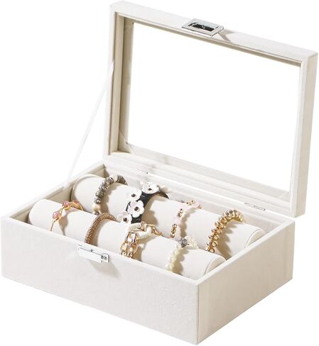 حامل عرض الأساور مع قضبان لأساور الساعات، صندوق تخزين منظم المجوهرات مع غطاء شفاف (بيج) in Kuwait