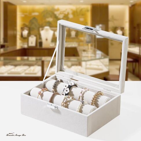 حامل عرض الأساور مع قضبان لأساور الساعات، صندوق تخزين منظم المجوهرات مع غطاء شفاف (بيج) in Kuwait