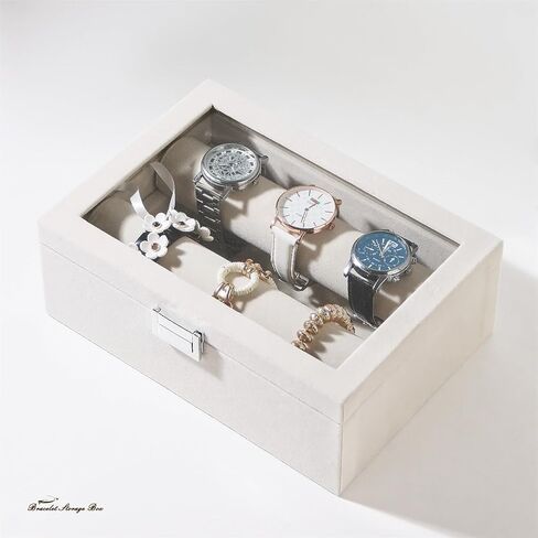 حامل عرض الأساور مع قضبان لأساور الساعات، صندوق تخزين منظم المجوهرات مع غطاء شفاف (بيج) in Kuwait