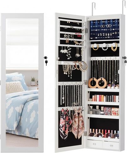 HealSmart 6 LEDs Mirror Jewelry Cabinet, Wall or Door Mounted Full Length Mirror with Storage, 47.2-Inch Tall, Lockable Jewelry Mirror Organizer, Ideal Gift in Kuwait