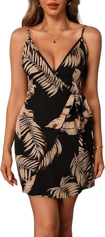 Women's Tropical Print Tie Waist Mini Dress Wrap V Neck Sleeveless Mini Boho Dresses in Saudi Arabia