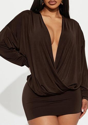 Women's Mini Wrap Dress Sexy Long Sleeve V-Neck Ruched Bodycon Elegant Dresses Slim Fit Solid Party Dress in Saudi Arabia