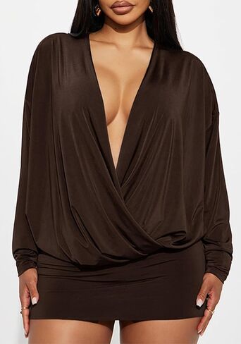 Women's Mini Wrap Dress Sexy Long Sleeve V-Neck Ruched Bodycon Elegant Dresses Slim Fit Solid Party Dress in Saudi Arabia