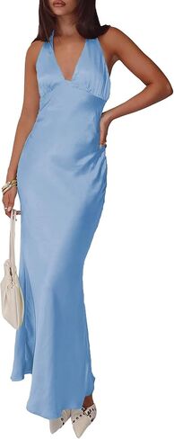 Women's Satin Dresses Summer Bodycon Sexy Halter V Neck Backless Elegant Formal Prom Cocktail Wedding Guest Maxi Dress in Saudi Arabia