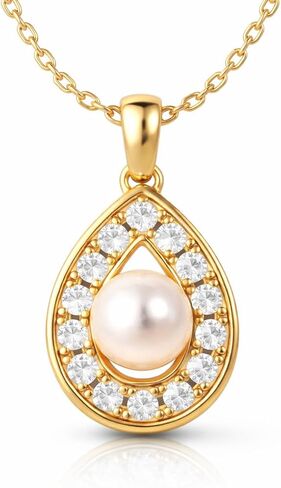 Pearl Pendant Necklace for Women, Freshwater Cultured Single Pearl Necklace with Moissanite Accents, Dainty Gold Necklace for Women, 18K Gold Plated Sterling Silver, Pearl Jewelry Gift for Her Anniversary Birthday in Kuwait