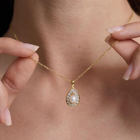 Pearl Pendant Necklace for Women, Freshwater Cultured Single Pearl Necklace with Moissanite Accents, Dainty Gold Necklace for Women, 18K Gold Plated Sterling Silver, Pearl Jewelry Gift for Her Anniversary Birthday in Kuwait