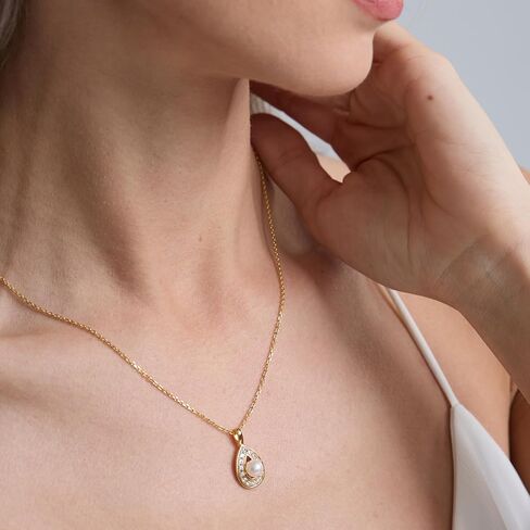 Pearl Pendant Necklace for Women, Freshwater Cultured Single Pearl Necklace with Moissanite Accents, Dainty Gold Necklace for Women, 18K Gold Plated Sterling Silver, Pearl Jewelry Gift for Her Anniversary Birthday in Kuwait