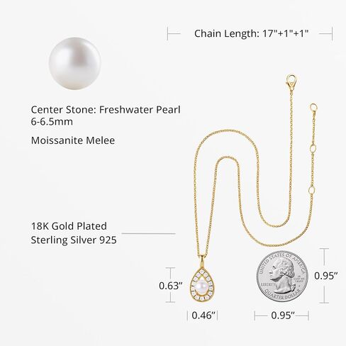 Pearl Pendant Necklace for Women, Freshwater Cultured Single Pearl Necklace with Moissanite Accents, Dainty Gold Necklace for Women, 18K Gold Plated Sterling Silver, Pearl Jewelry Gift for Her Anniversary Birthday in Kuwait