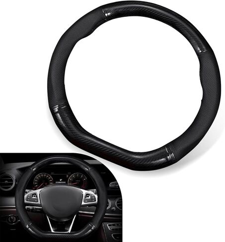 1 PC Steering Wheel Cover, D-shaped Breathable Steering Wheel Sleeve, Non-slip Leather Steer Cover for Four Seasons, Universal Steer Accessories for Most Cars (Carbon Fiber Black) in Kuwait