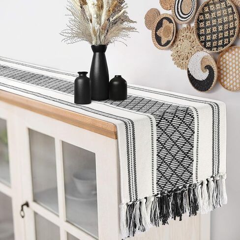 yuboo Black and White Striped Table Runner Farmhouse Style, Boho Short Woven Coffee Table Runner 48 Inches Long, Rustic Dresser Runners for Bedroom, Nightstand, End Table, Summer Fall Home Decor in Kuwait