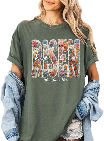 Comfort Colors He is Risen Christian T-Shirt Floral Matthew 28:6 Easter Faith Tee in Kuwait