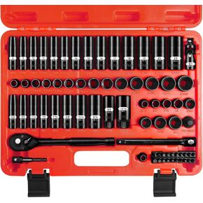 مجموعة مقابس محرك 3/8 بوصة، 72 قطعة معيار SAE (5/16 بوصة - 3/4 بوصة) ومتري (8-22 مم) مع شمعة إشعال، 6 نقاط عميقة وضحلة، مجموعة أدوات سقاطة مفتاح الربط 72T، Cr-V مع حقيبة تخزين شديدة التحمل in Kuwait