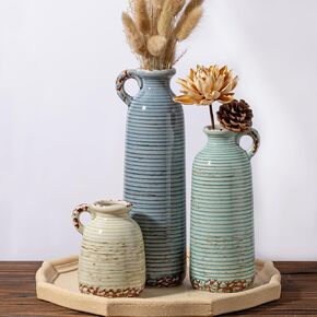 Ceramic Vase Set of 3 with Handles, Green White Neutral Rustic Modern Farmhouse Boho Decor, Versatile as Table Centerpiece or Mantel & Shelf Accent - Unique Home Gift Idea in Saudi Arabia