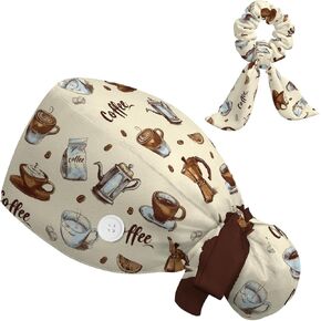 Scrub Caps Women Ponytail, Adjustable Surgical Caps with Buttons and Sweatband, Bouffant Hat with Hair Scrunchy, Nurse Hat, Working Cap, Coffee Print Latte Mocha Cute Lovely Kawaii Brown Cartoon Retro in Saudi Arabia