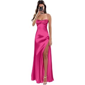 Spaghetti Straps Satin Prom Dresses 2026 with Slit for Women Pleated Bow Formal Evening Dress in Kuwait