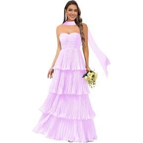 Women's Strapless Tiered Ruffle Bridesmaid Dresses with Scarf Long Pleated Chiffon Formal Evening Prom Gowns in Kuwait