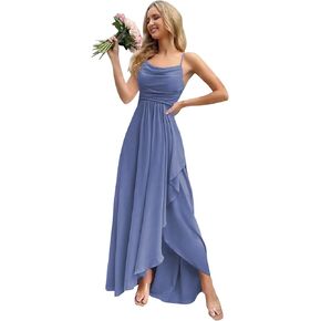 Asymmetrical Cowl Neck Bridesmaid Dresses Long Ruffle Chiffon Empire Waist Formal Party Gowns with Pockets in Kuwait